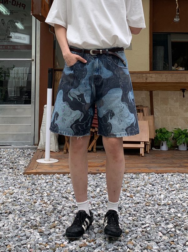 3576 Men's 11.8 oz Baggy Loose Graffiti Printing Denim Shorts