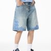 K030 Men's 13.2 OZ Snap Hook 3D Baroque Embroidery Denim Shorts