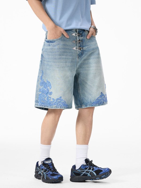 K030 Men's 13.2 OZ Snap Hook 3D Baroque Embroidery Denim Shorts