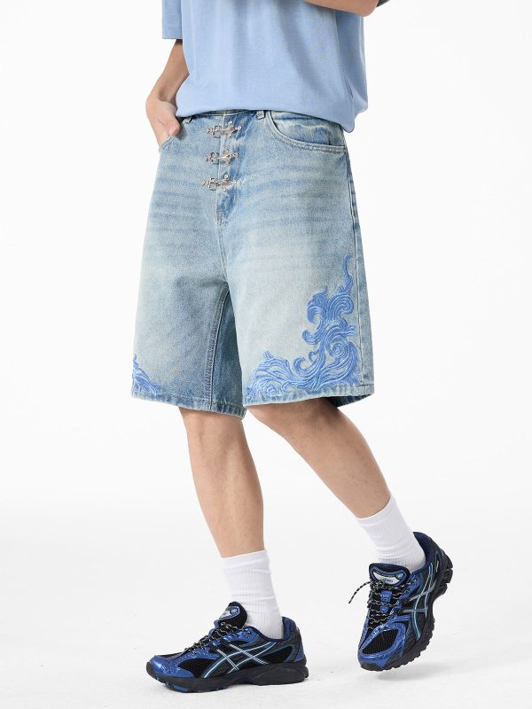 K030 Men's 13.2 OZ Snap Hook 3D Baroque Embroidery Denim Shorts