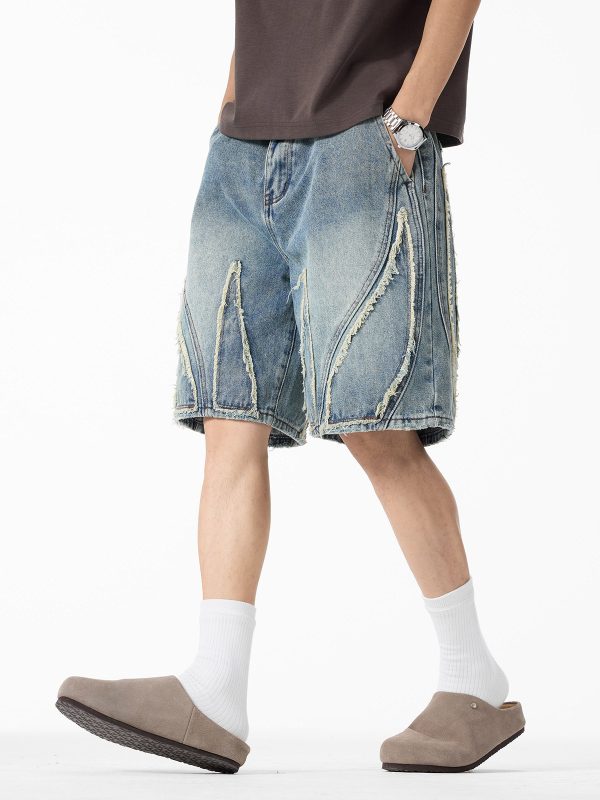 DK13 Men's Raw Edge Fringe Patchwork Distressed Denim Shorts