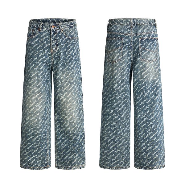 H3816 Men's 13.7 OZ All‑Over Printing Loose Straight Denim Jeans