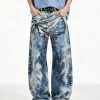 14032 Men's 14.2 OZ 3D Digital Printing Barrel Cut Curve-leg Jeans