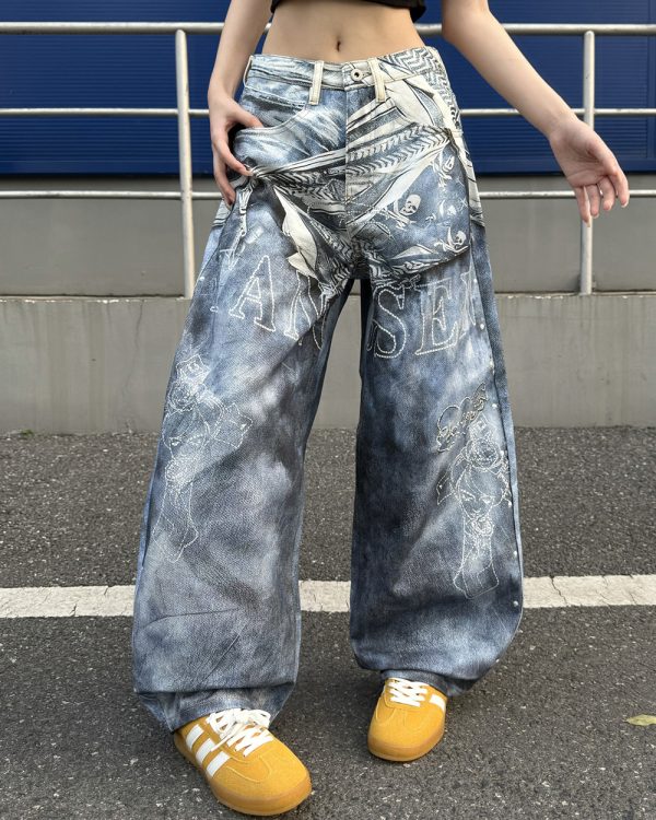 14032 Men's 14.2 OZ 3D Digital Printing Barrel Cut Curve-leg Jeans