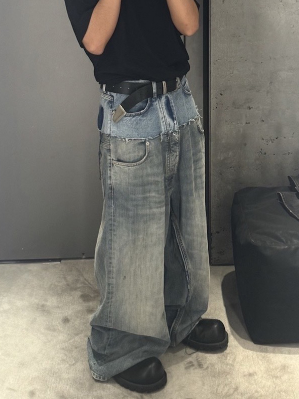 MJ016  Men's 15.5 OZ Y2K Baggy Double Waist Wide Leg Patchwork Jeans