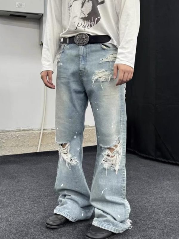 TJ162 Men's 13.2 OZ Vintage Ripped Splatter Painting Bootcut Jeans