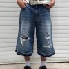 TJ177 Men's 12.5 OZ Baggy Loose Destroyed Ripped Raw Hem Capri Cropped Jeans