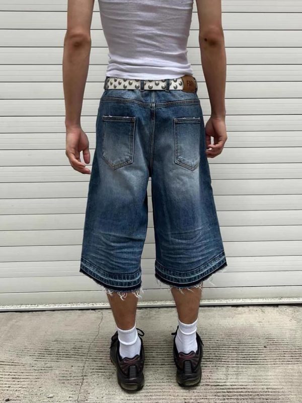 TJ177 Men's 12.5 OZ Baggy Loose Destroyed Ripped Raw Hem Capri Cropped Jeans