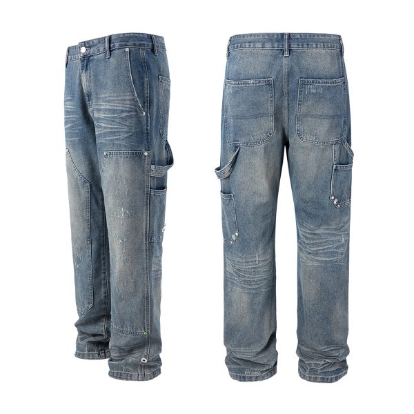 8687 Men's 13.8 OZ Mud Vintage Wash Distressed Ripped Carpenter Jeans