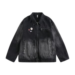 W121 Men's 14.6 OZ Oversized Zip‑up Pin‑badge Denim Jackets