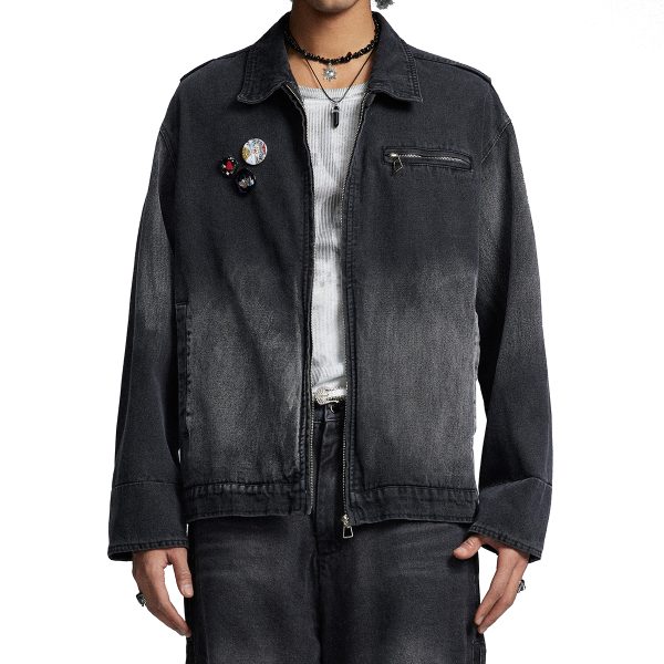 W121 Men's 14.6 OZ Oversized Zip‑up Pin‑badge Denim Jackets