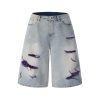 1519 Men's 13 OZ Grunge Blue‑purple Two‑tone Denim Cropped Capri Ripped Jeans