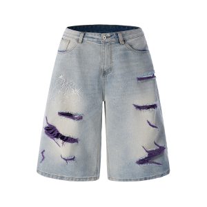 1519 Men's 13 OZ Grunge Blue‑purple Two‑tone Denim Cropped Capri Ripped Jeans