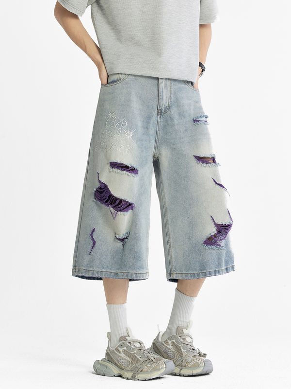 1519 Men's 13 OZ Grunge Blue‑purple Two‑tone Denim Cropped Capri Ripped Jeans