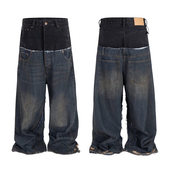 MJ016  Men's 15.5 OZ Y2K Baggy Double Waist Wide Leg Patchwork Jeans