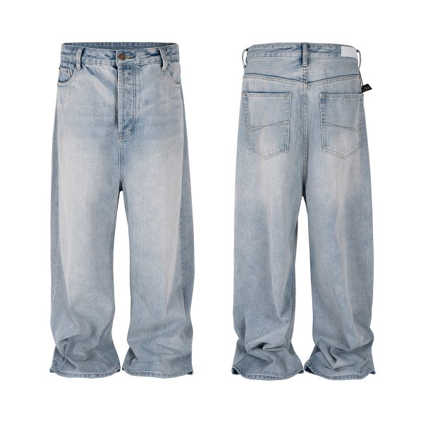 M-FJ013 Men's 13.2 OZ Light Stone Wash Vintage Blue Wide Leg Jeans