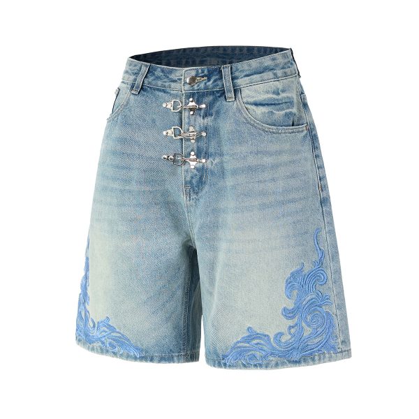 K030 Men's 13.2 OZ Snap Hook 3D Baroque Embroidery Denim Shorts