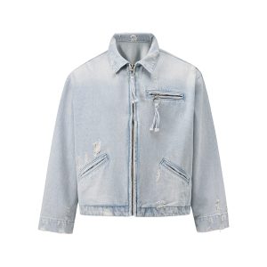 Q148 Men's 15.2 OZ Boxy Ripped Destroyed Zip‑up Denim Jackets