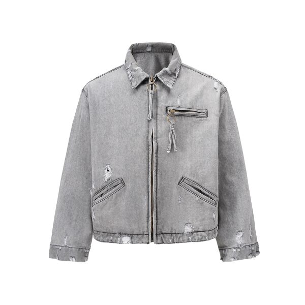 Q148 Men's 15.2 OZ Boxy Ripped Destroyed Zip‑up Denim Jackets