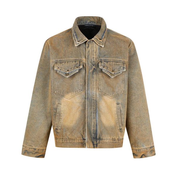 DY-965 Men's Mud Vintage Wash Double Collar Quilted Lined Padded Denim Jackets