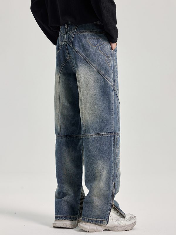 JK9661 Men's Moto Biker Laser Etching Stitched Embossed Jeans