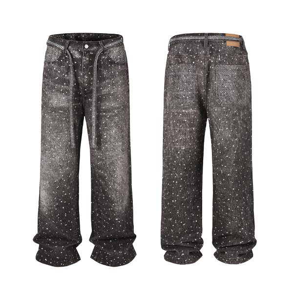 Q166 Men's 14.5 OZ 3D Digital Printing Rhinestone Loose Straight Jeans
