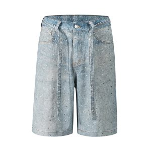 Q183 Men's 14.5 OZ 100% 3D Digital Printing Rhinestone Baggy Shorts