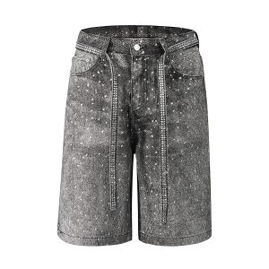 Q183 Men's 14.5 OZ 100% 3D Digital Printing Rhinestone Baggy Shorts
