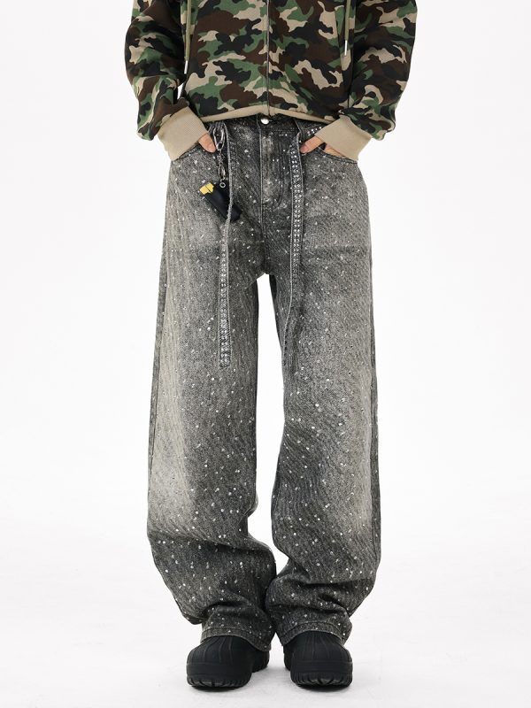 Q166 Men's 14.5 OZ 3D Digital Printing Rhinestone Loose Straight Jeans