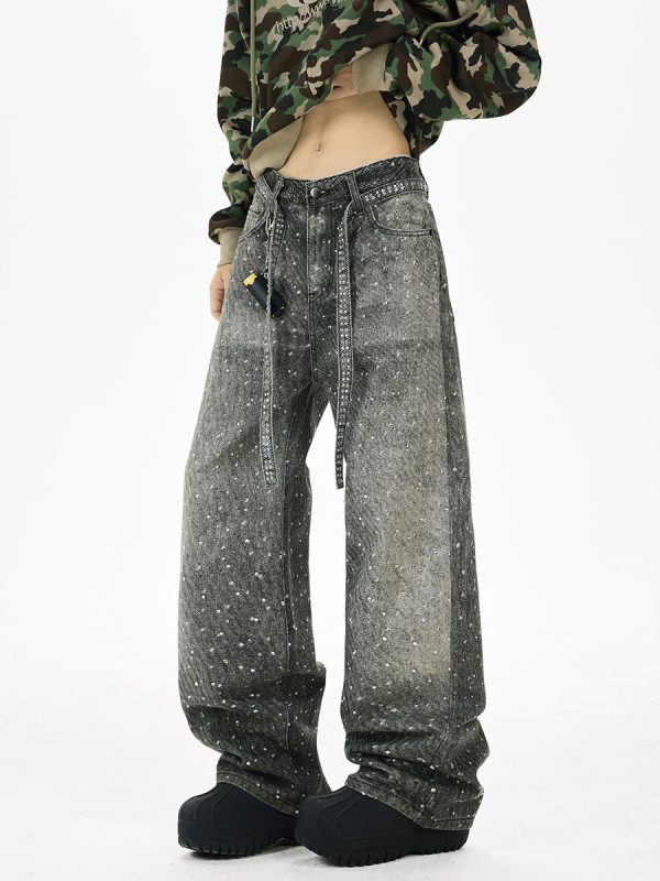 Q166 Men's 14.5 OZ 3D Digital Printing Rhinestone Loose Straight Jeans
