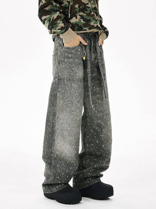 Q166 Men's 14.5 OZ 3D Digital Printing Rhinestone Loose Straight Jeans
