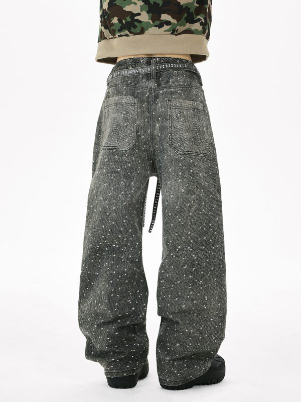 Q166 Men's 14.5 OZ 3D Digital Printing Rhinestone Loose Straight Jeans