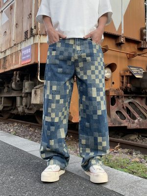 1787921051433151.jpg 3752 Men's 10.4 OZ 100% Cotton Baggy Checkered Jacquard Denim Jeans
