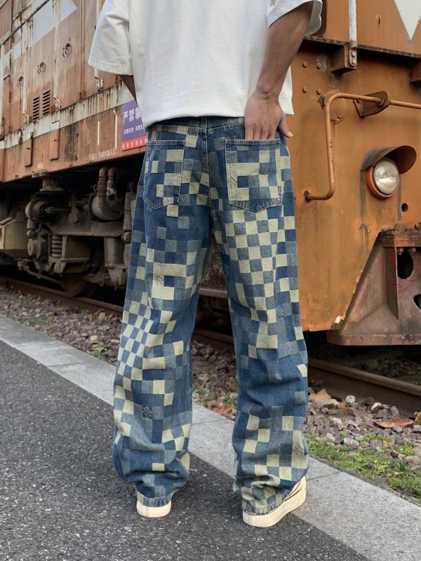 3752 Men's 10.4 OZ 100% Cotton Baggy Checkered Jacquard Denim Jeans