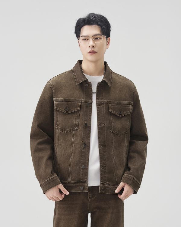 Y1509 Men's 14.5 OZ Boxy Vintage Distressed Brown Workwear Trucker Denim Jackets