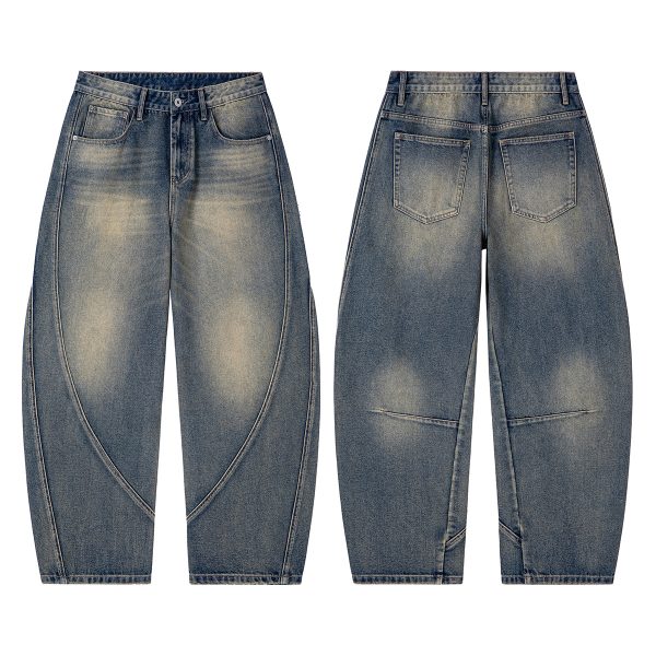 PB004  Men's 12.8 OZ Banana Curved‑leg Cut Vintage Faded Jeans