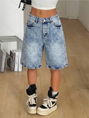 237  Women's 11.8 OZ 90s Retro Vintage Acid Snow Wash Baggy Bermuda Jorts Denim Shorts