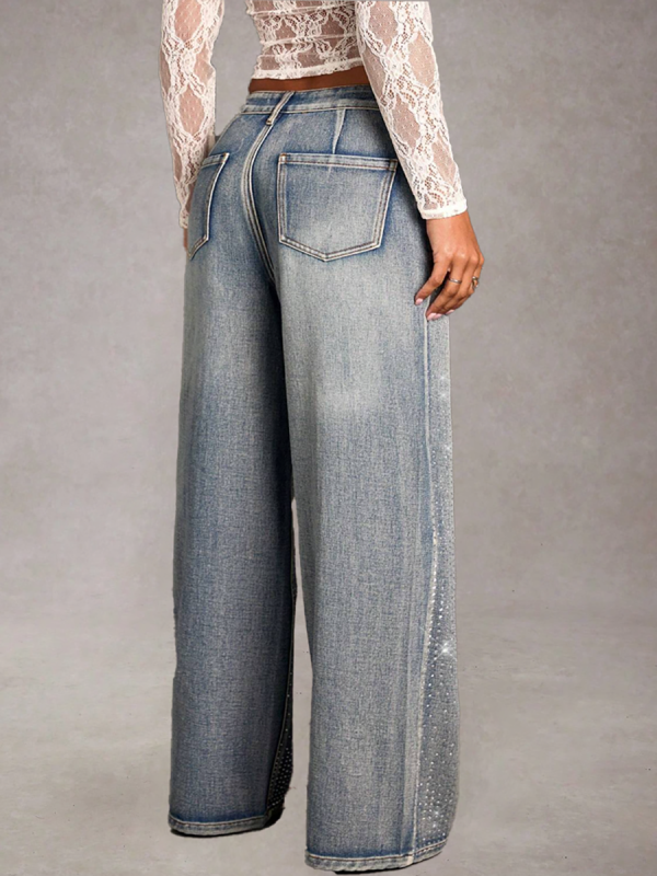 Women's 12.8 OZ All‑over Rhinestone Wide Leg Snow Wash Jeans