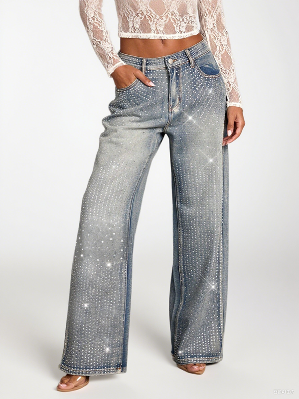 Women's 12.8 OZ All‑over Rhinestone Wide Leg Snow Wash Jeans