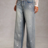 Women's 12.8 OZ All‑over Rhinestone Wide Leg Snow Wash Jeans