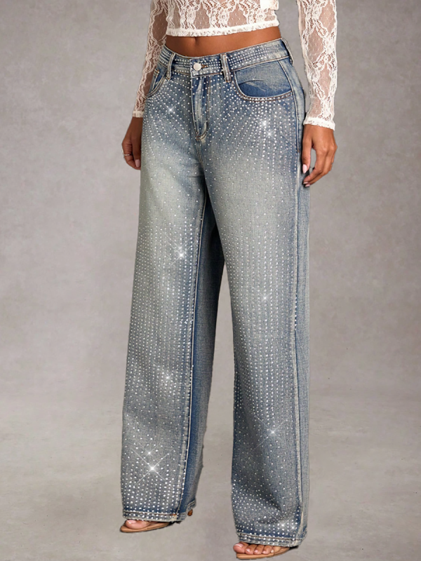 Women's 12.8 OZ All‑over Rhinestone Wide Leg Snow Wash Jeans