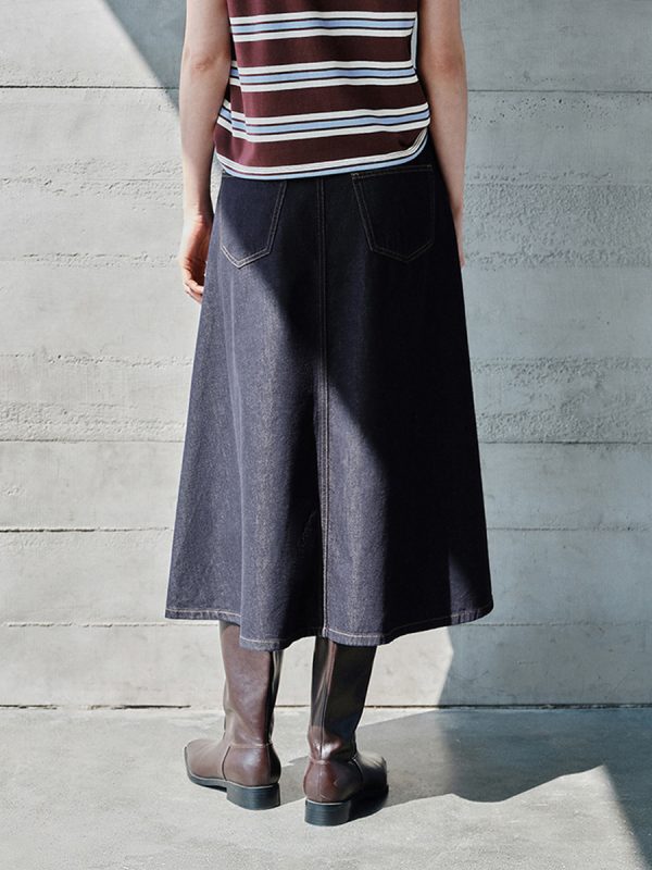 Women's 12.8 OZ High Rise Minimalist A‑line Midi Denim Skirts