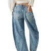 Women's 11.8 OZ Mid Rise Rigid Acid Stone Wash Barrel Ankle‑length Jeans