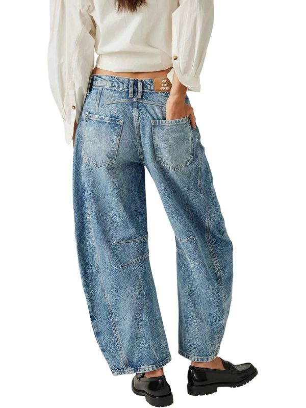 Women's 11.8 OZ Mid Rise Rigid Acid Stone Wash Barrel Ankle‑length Jeans