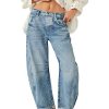 Women's 11.8 OZ Mid Rise Rigid Acid Stone Wash Barrel Ankle‑length Jeans