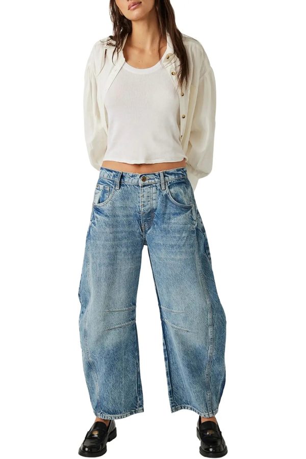Women's 11.8 OZ Mid Rise Rigid Acid Stone Wash Barrel Ankle‑length Jeans