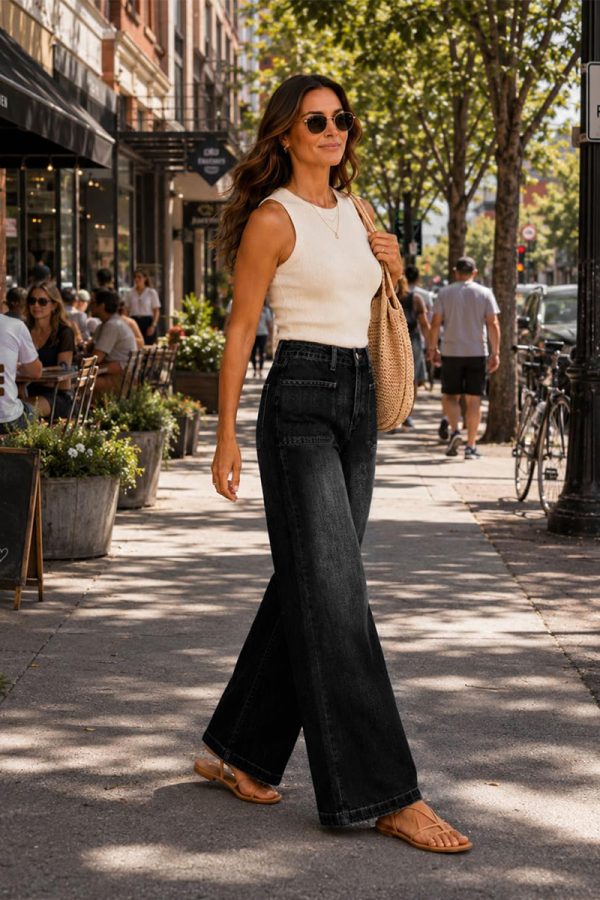 Women's 11.8 OZ Retro Cargo Square Front Patch Pockets Wide Leg Jeans