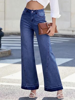 B0G6Y9PCXK Women's 11.8 OZ High Rise Wide Leg Raw Frayed Released Hem Jeans