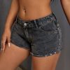65563 Women's 11 OZ Y2K Stretch Silver Metal Studs Raw Hem Denim Shorts