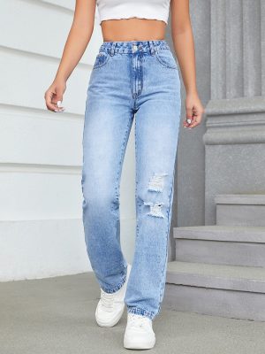 35726 Women's 11.5 OZ High Rise Ripped Regular Straight Leg Jeans